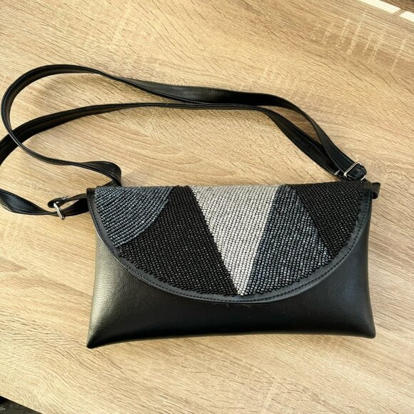 New Handmade Beaded Shoulder Bag Black Grey - Picture 4 of 10